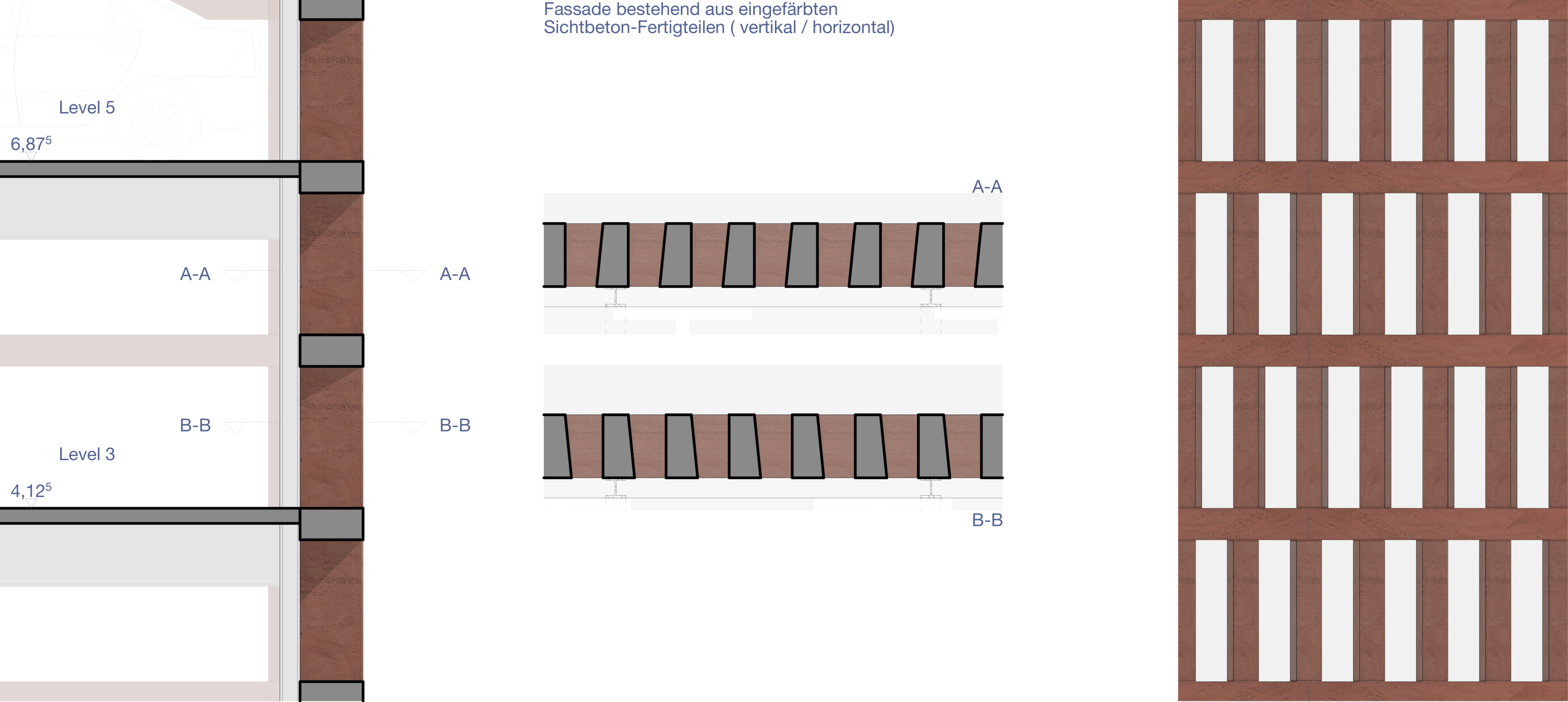 Das Bild zeigt in drei Zeichnungen das Gestaltungsprinzip der Fertigteil-Fassade des geplanten Parkhauses.