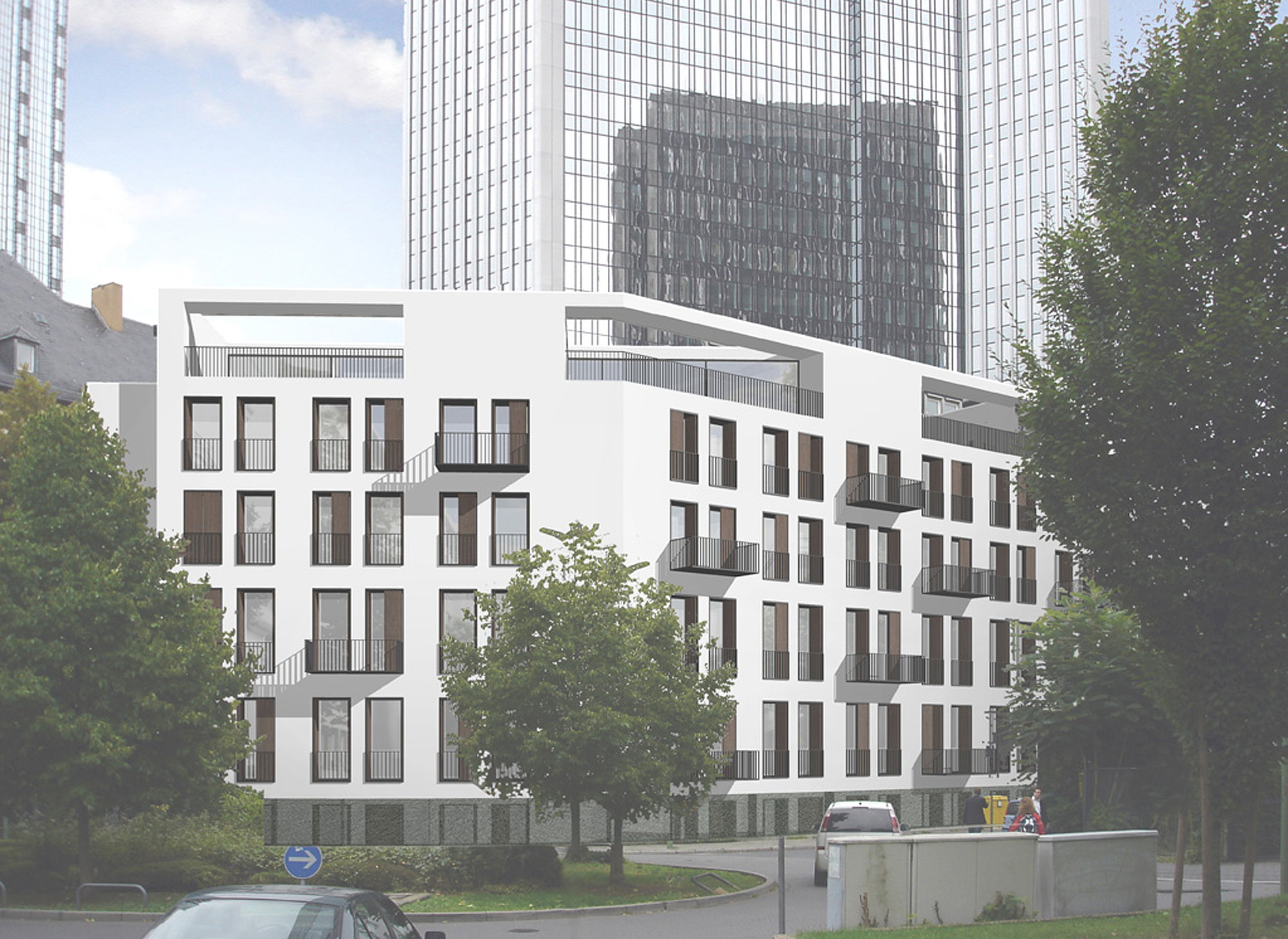 Das Bild zeigt eine Perspektive der Süd-/Westfassade aus dem 3D Modell. Das 3D Gebäude wurde in ein Umgebungsfoto reinmontiert.