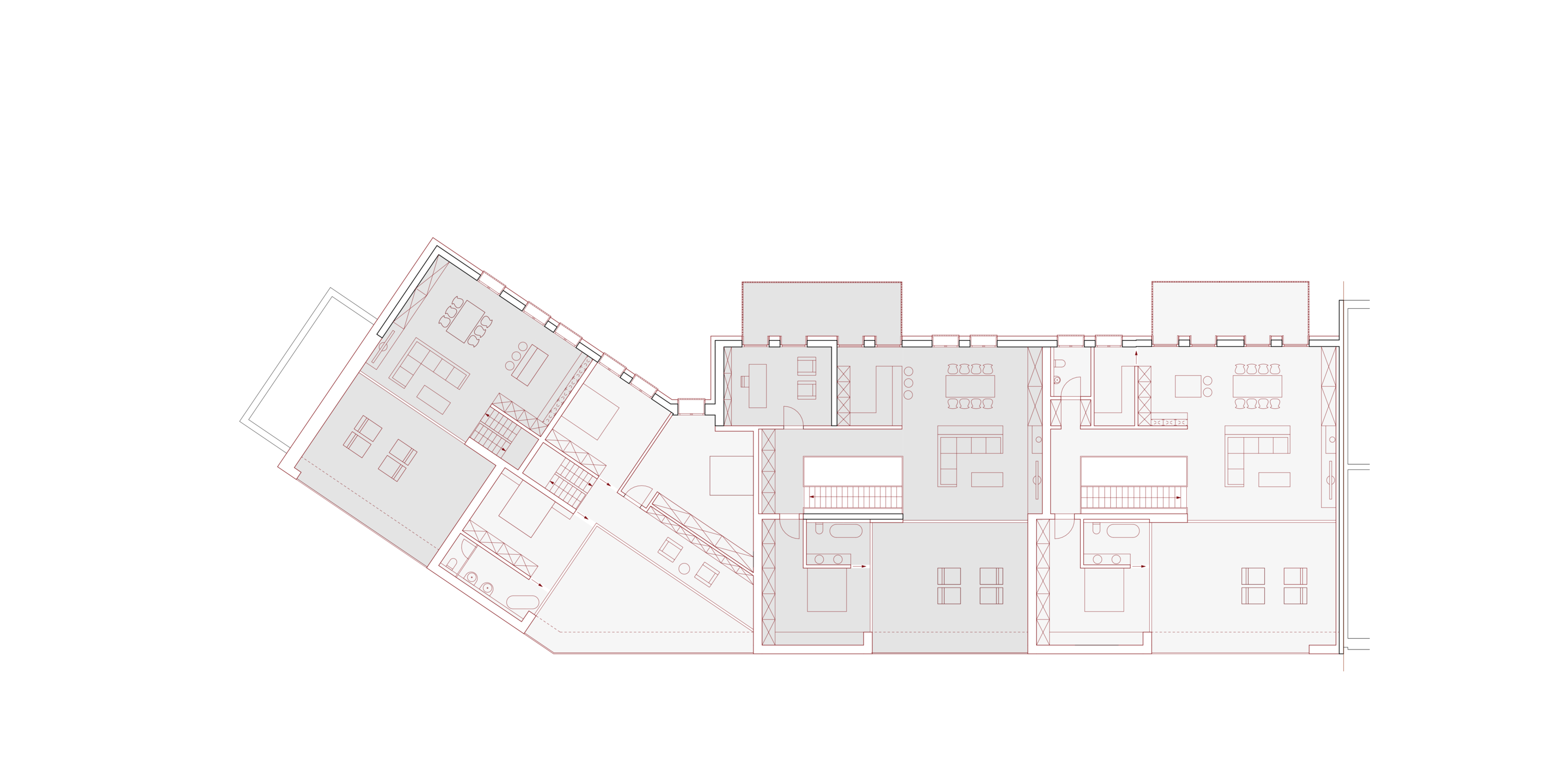 Das Bild zeigt den Grundriss des Dachgeschosses mit Dachterrassen der Maisonette-Wohnungen.