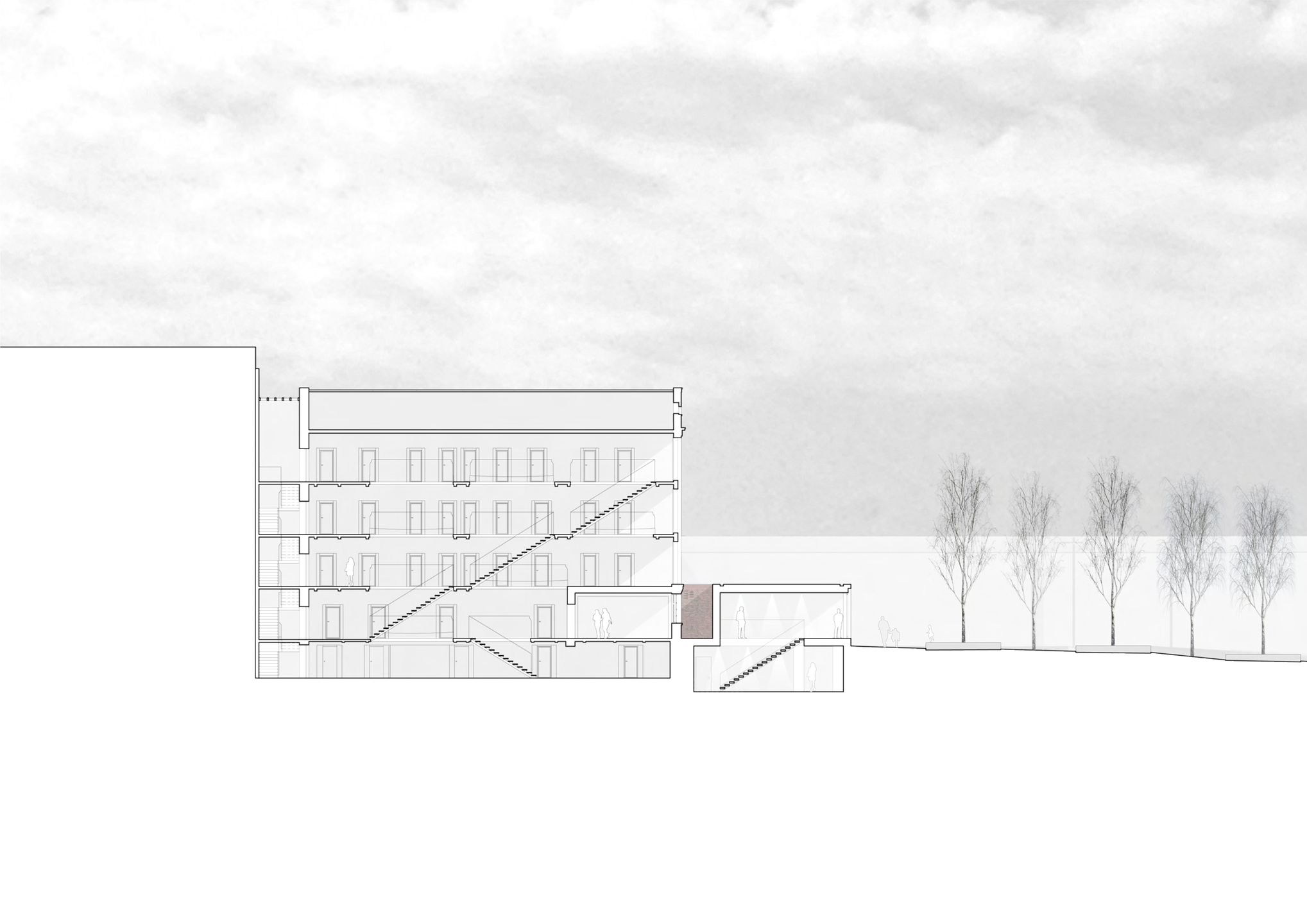 Das Bild zeigt den Längsschnitt des Gebäudeensembles. Es zeigt den sechsgeschossigen Bestand auf der linken Seite und den zweigeschossigen Neubau rechts davon. Rechts vom Neubau befindet sich der begrünte Platz.