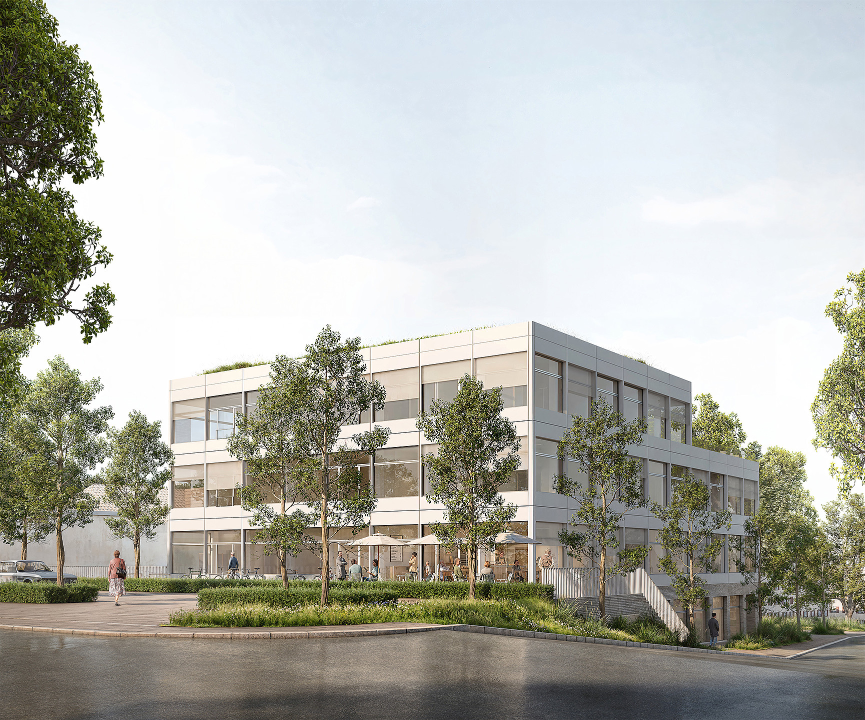 Das Bild zeigt eine Perspektive auf das Gesundheitszentrum mit Blick über den südwestlichen Parkplatz.