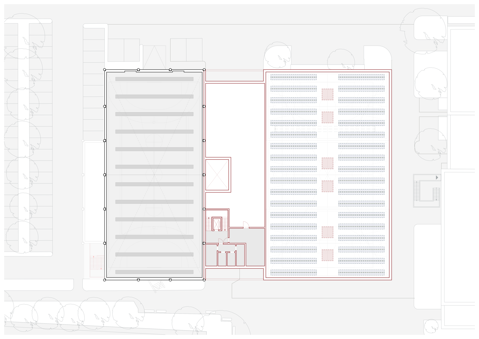 Das Bild zeigt die Zeichnung des Grundriss 2. Obergeschoss der Sporthalle.