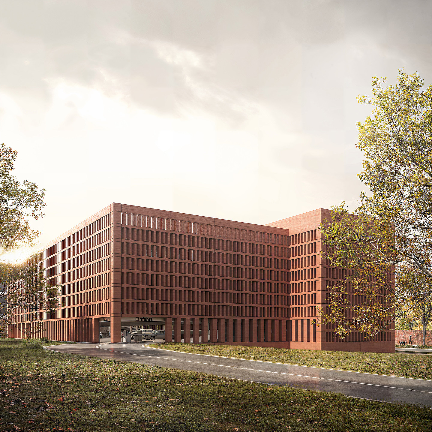 Das Bild zeigt eine Visualisierung der Einfahrt vom geplanten Parkhaus.