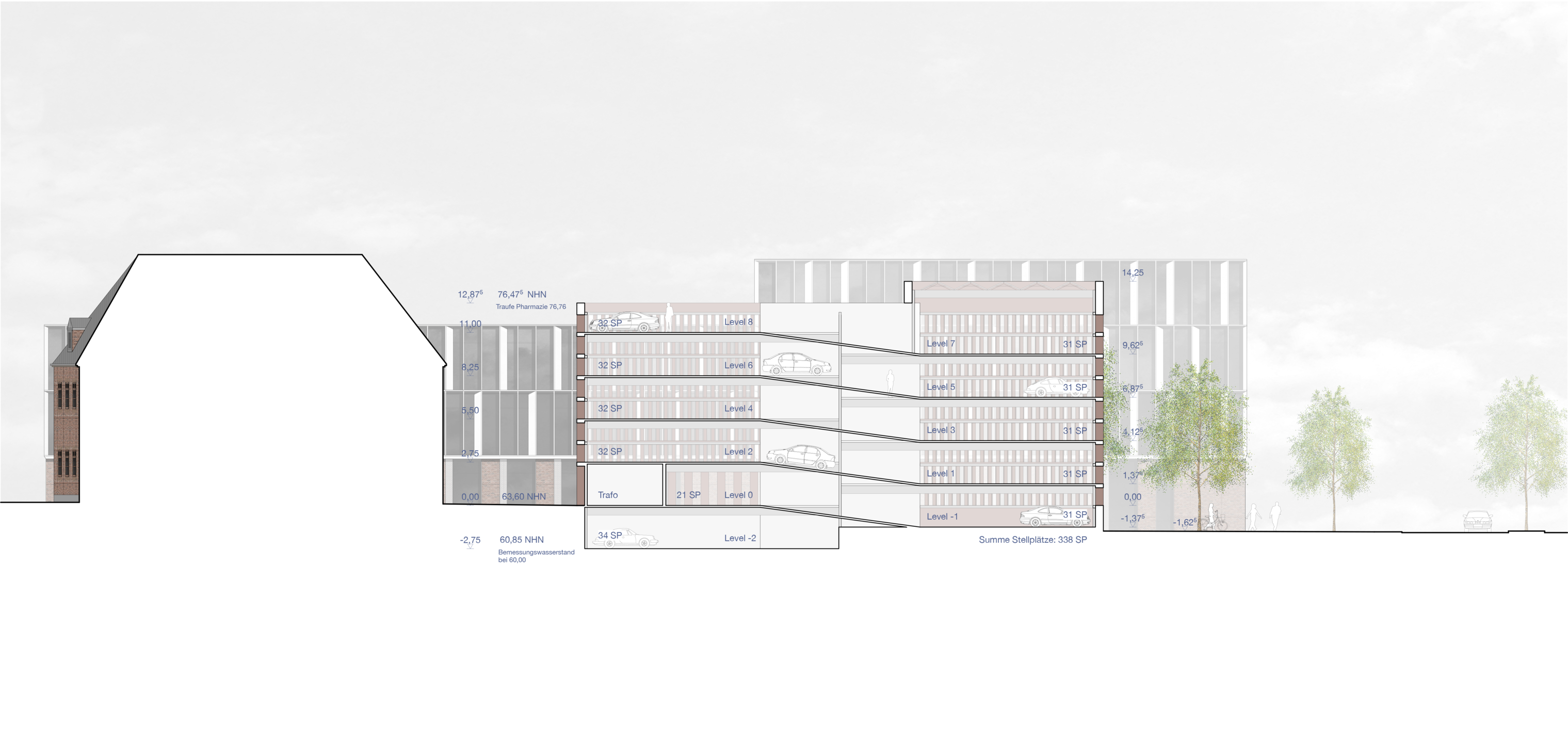 Das Bild zeigt eine Schnitt-Zeichnung durch das geplante Parkhaus.